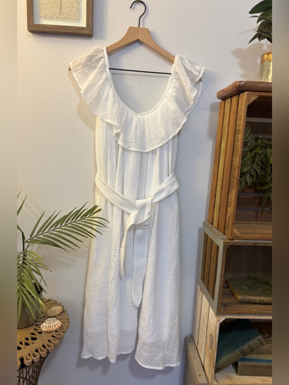 Emerson Fry RARE White Gauze Caftan Dress Ruffle Pockets Tie One Size S-L Cotton